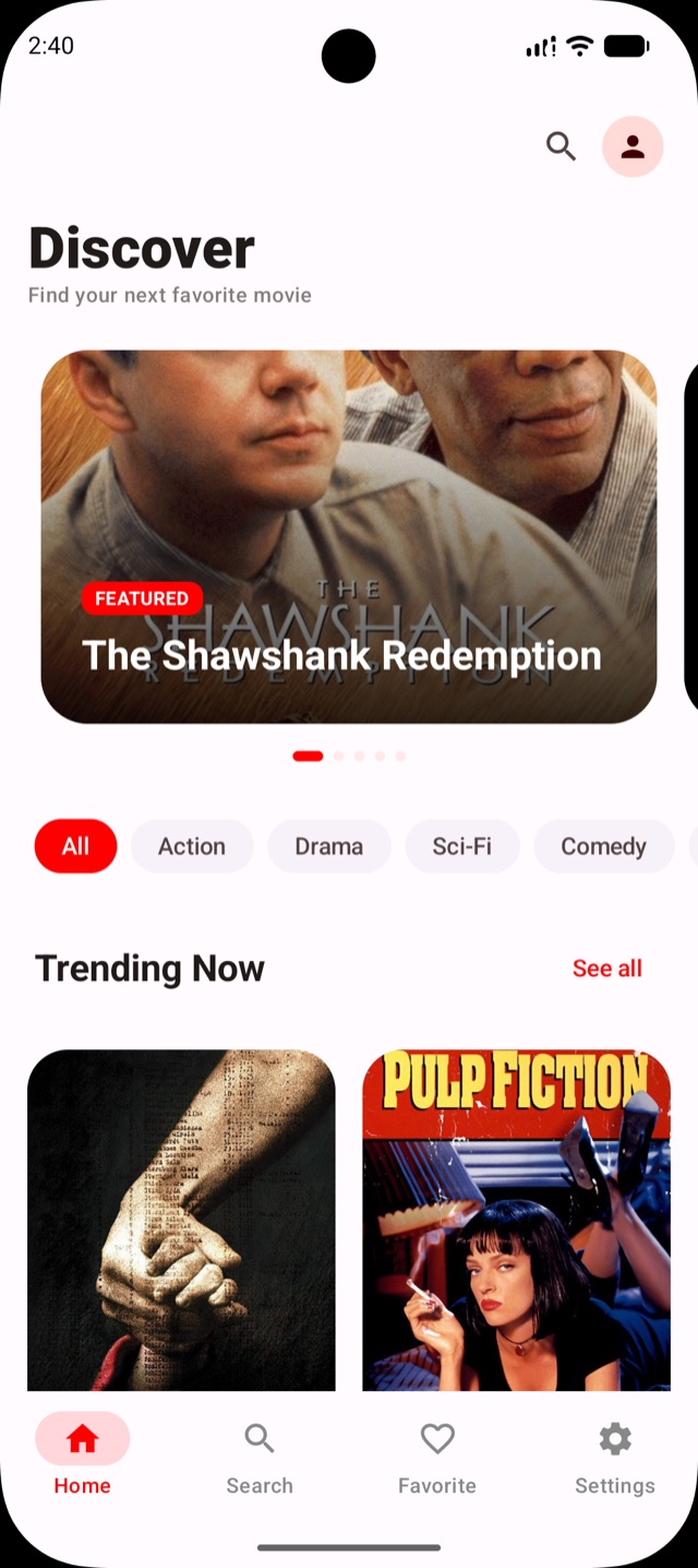 CineMood Discover screen with featured movies and a movie catalog